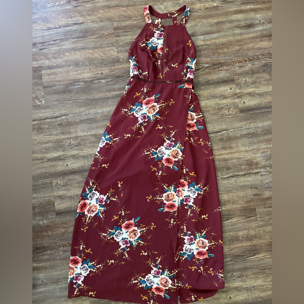 Floral maroon maxi dress.